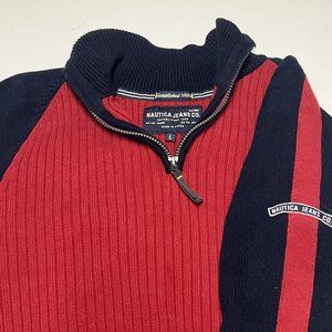 Nautica Jeans‎ Co Red Navy Blue 1/4 Zip Knitted Sweater Cotton Size Large Men's